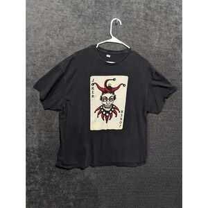 Vintage Style Joker Skull Playing Card Graphic T-Shirt Faded Black Raw Hem XL